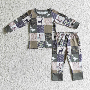 BLP0132 baby boy clothes green duck deer winter pajamas set