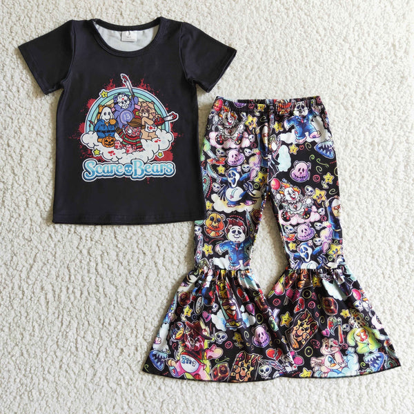 GSPO0177 cartoon black short sleeve girls boutique outfits toddler fall clothing
