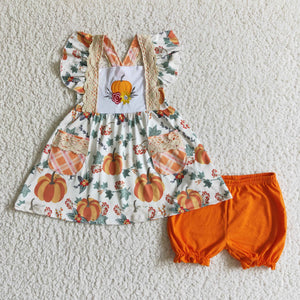 GSSO0125 girls halloween clothes embroidert pumpkin set