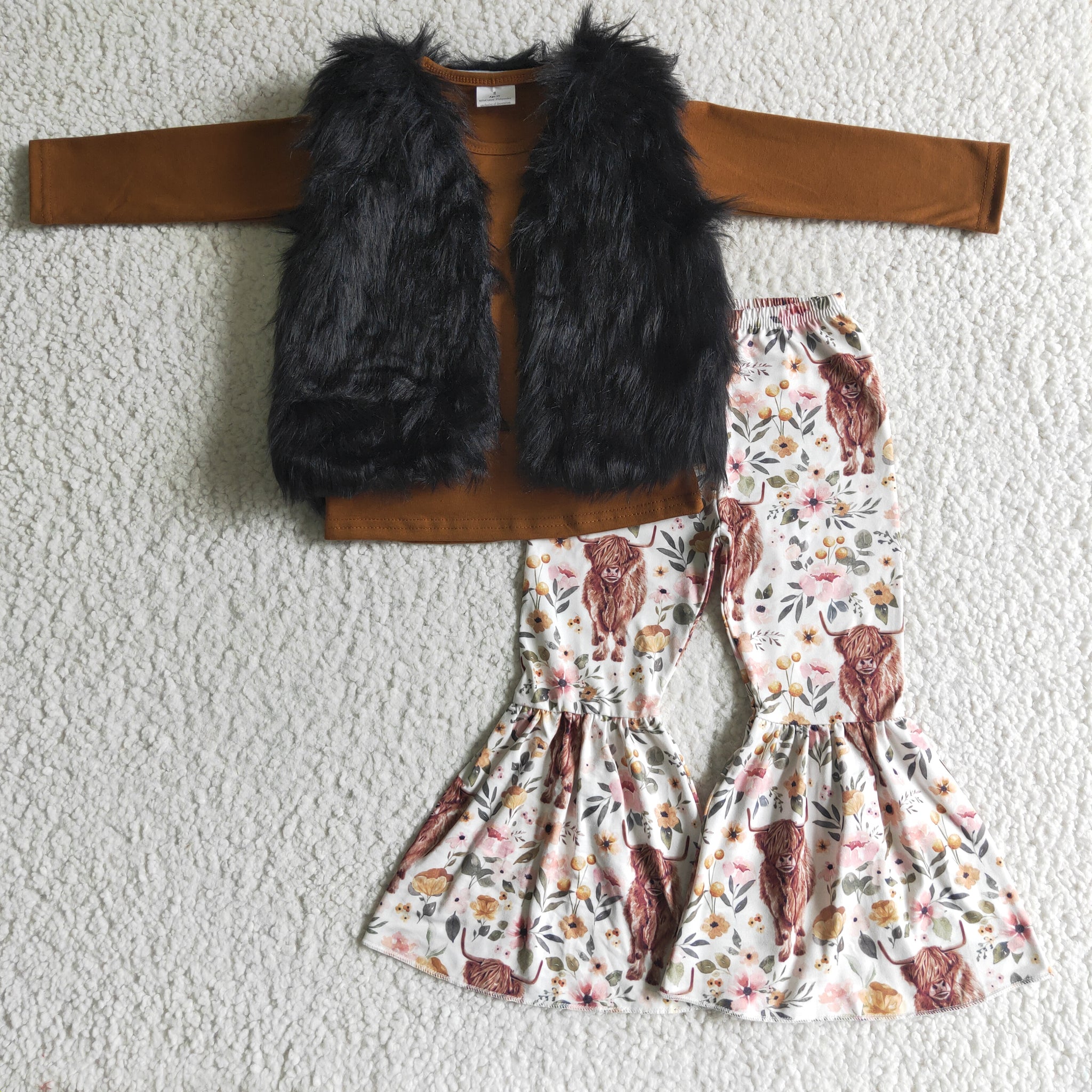 black fur vest brown cow baby girl clothes winter outfits 1