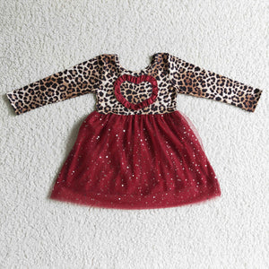 GLD0139 baby girl clothes leopard tulle valentines day dress