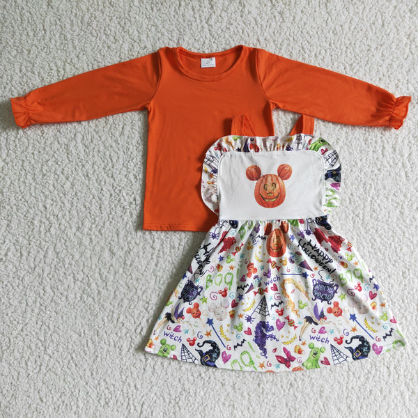 GLD0033 orange halloween clothes for kids shirt + dress set