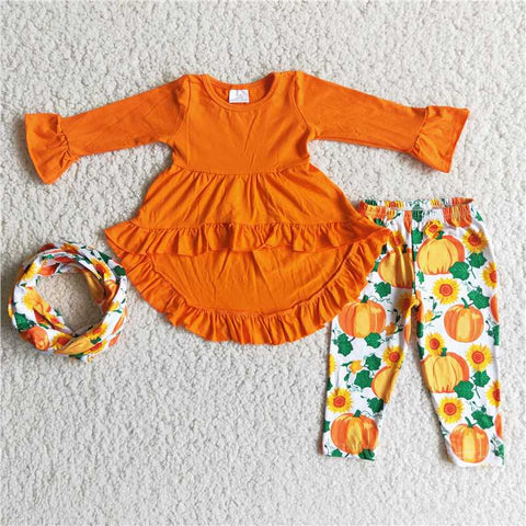 6 A11-15 kids clothes Halloween pumpkin orange tunic pants set with scarf-promotion 2023.10.4