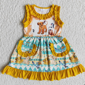E13-5 girl clothing  lion yellow cartoon sleevess ruffles summer dress-promotion 2024.1.6