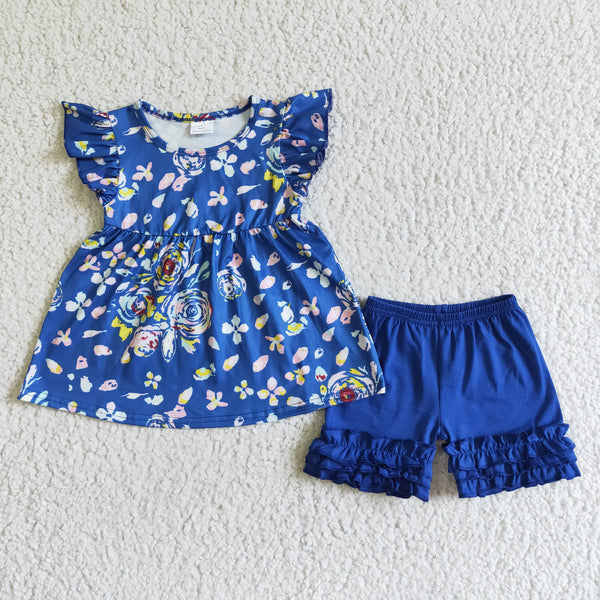 D5-16 girl summer blue flower flutter sleeve set