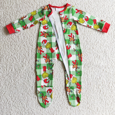 LR0194 baby girl clothes zipper green christmas romper