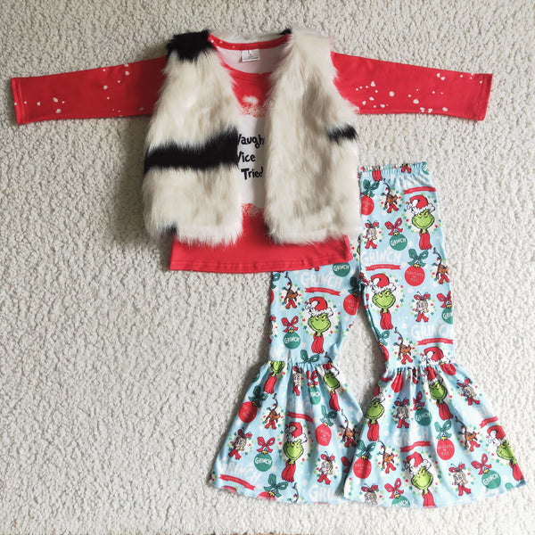 white fur vest red cartoon christmas outfits baby girl clothes 2