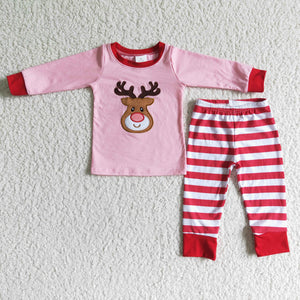 6 A27-12 Girl 100% cotton cartoon deer pink red stripe long sleeve emboridery pajamas