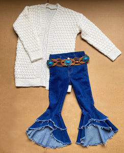 girl winter outfits  3pcs (coat +belt+denim pants)