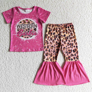 GSPO0125 fall boutique kids clothing hot pink western short sleeve set