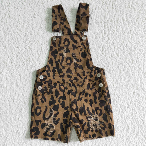 SS0018 kids clothes summer denim leopard overalls jumpsuit