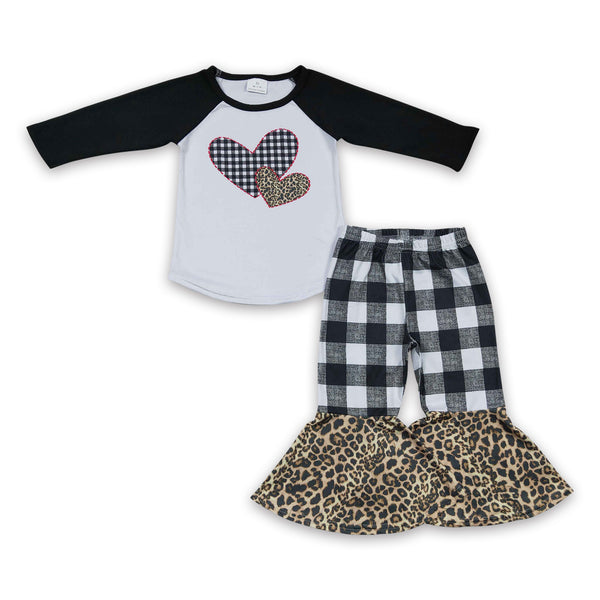 6 B7-23 kids clothes girls heart plaid bell bottom set valentines day outfits