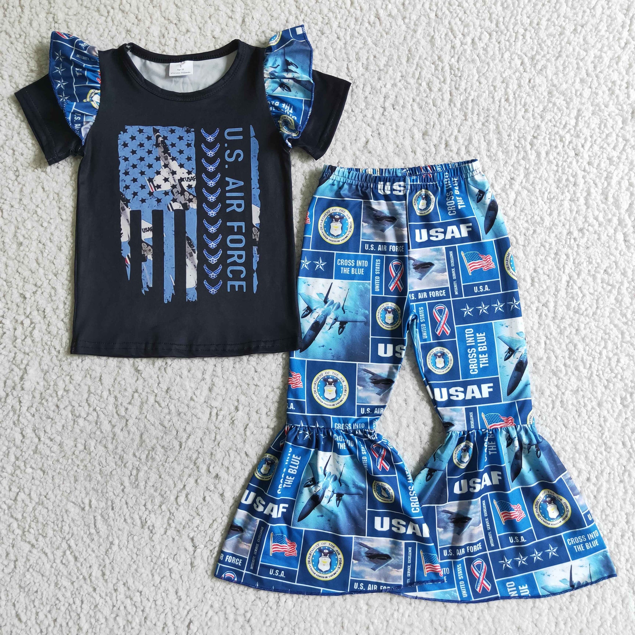 A4-4 toddler girl clothes girl bell bottom outfit spring fall blue black set