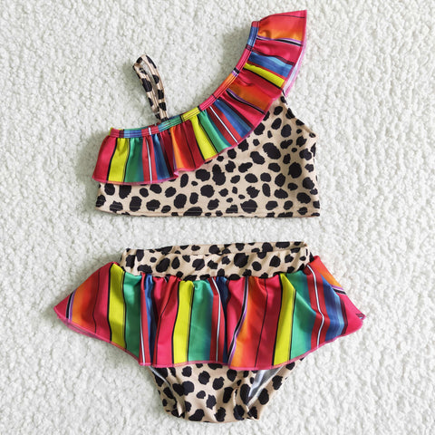 S0001 girl clothing summer stripe leopard swimwear swimsuit set
