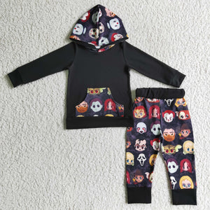 BLP0023 kids clothes boys black cartoon halloween hoodies set