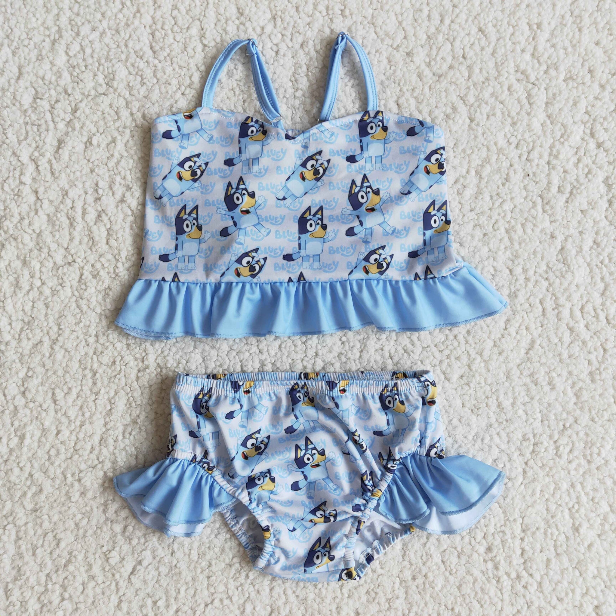 girl blue carton swim suit  2pcs set