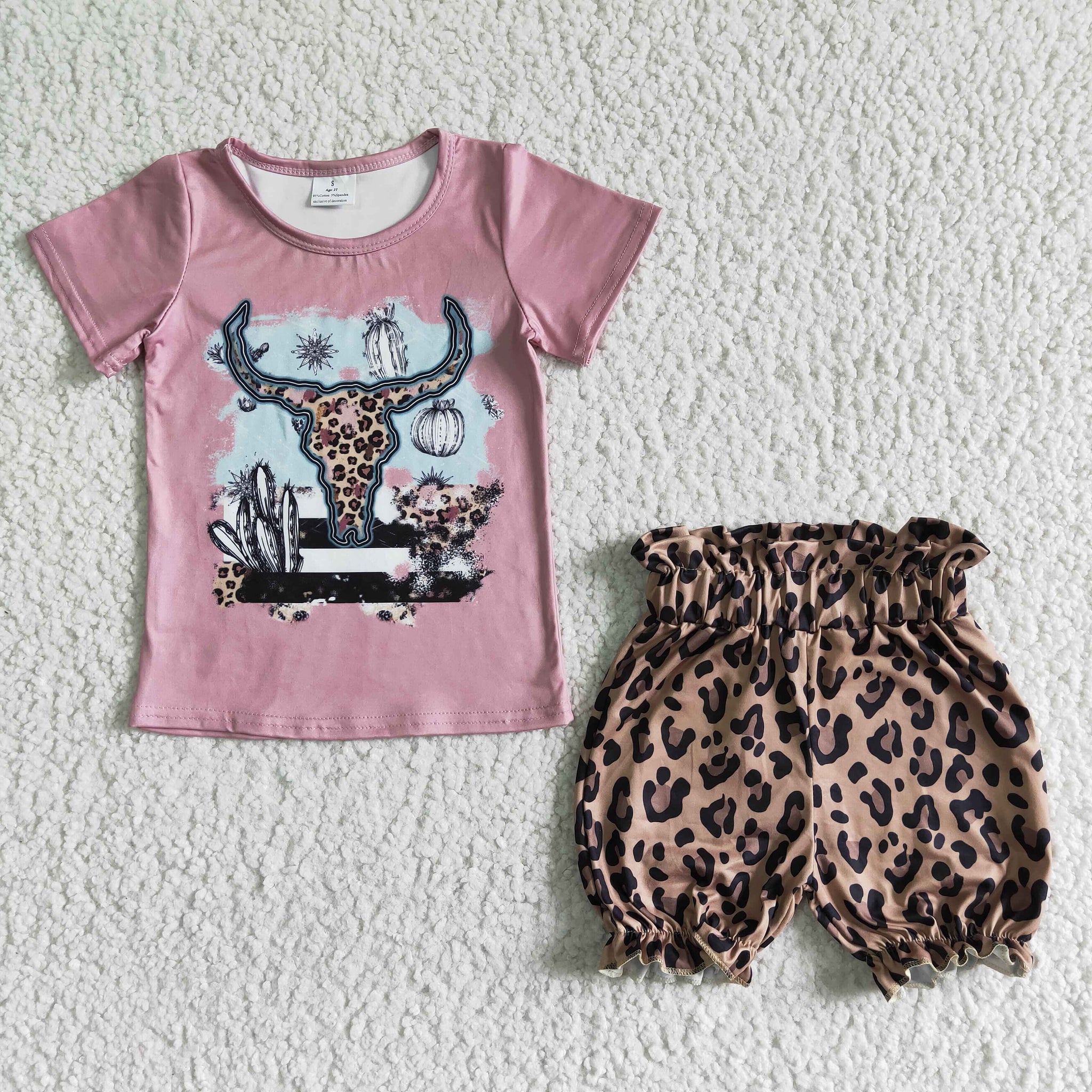 GSSO0089 kids clothing girl cow leopard pink set