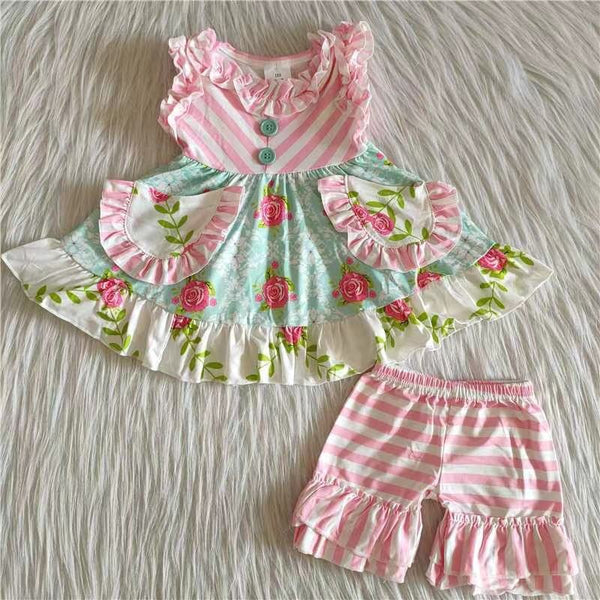 C2-2 girl clothes pocket sleeveless pink flower summer set