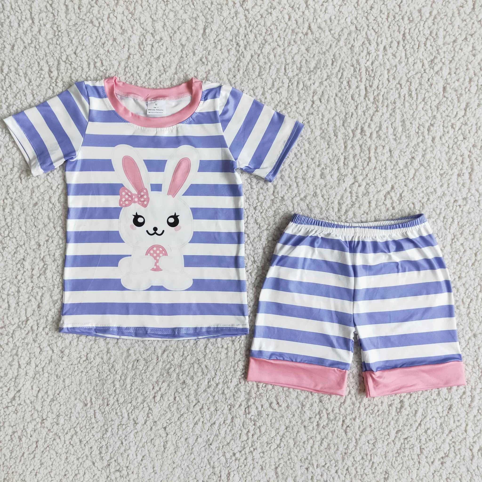 E7-17 girl easter bunny rabbit purple stripe short sleeve set-promotion 2024.1.13