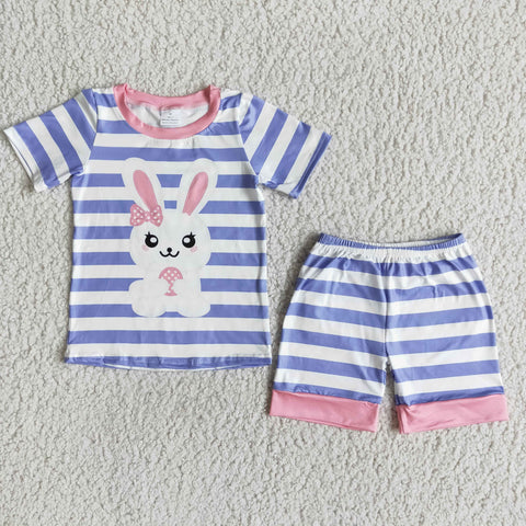 E7-17 girl easter bunny rabbit purple stripe short sleeve set-promotion 2024.1.13