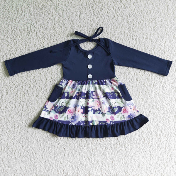 GLD0052 girl winter clothes navy floral dress