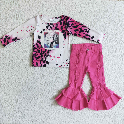 GLP0106 girl winter hot pink leopard set denim set