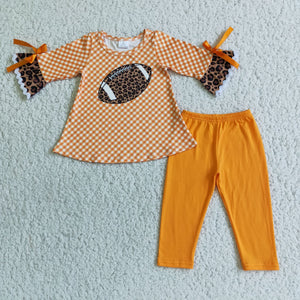 6 A7-14 girl orange football plaid 3/4 sleeve set kids clothes girls