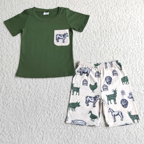 BSSO0046 kids clothing boy summer green cow set