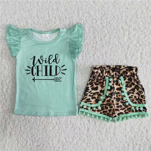 A15-24 baby girl clothes green wild child leopard flutter sleeve summer set-promotion
