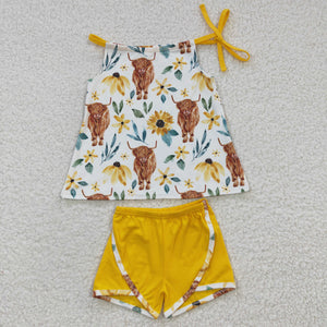 GSSO0207 baby girl clothes yellow highland cow summer outfits