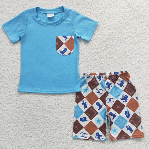 BSSO0150 kids clothes boys blue pocket summer shorts set