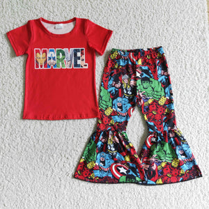 GSPO0159 toddler girl clothes red cartoon bell bottom outfits