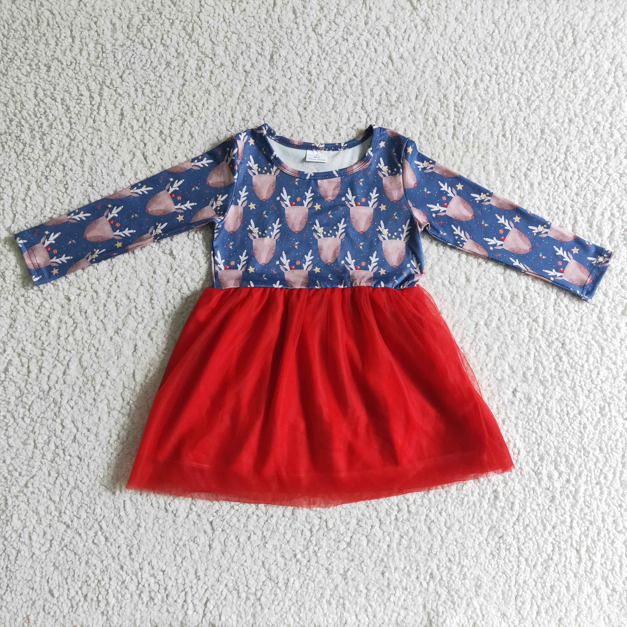 GLD0106 baby girl clothes deer red tulle winter dress