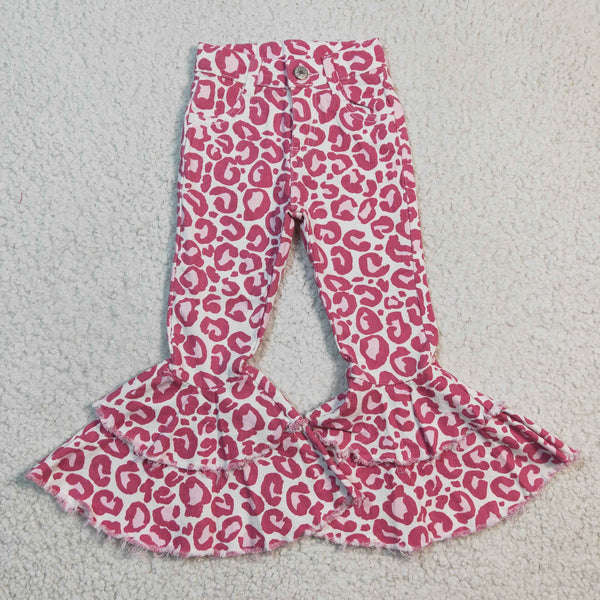 P0044 kids clothes girls pink leopard bell bottom pants flare pant