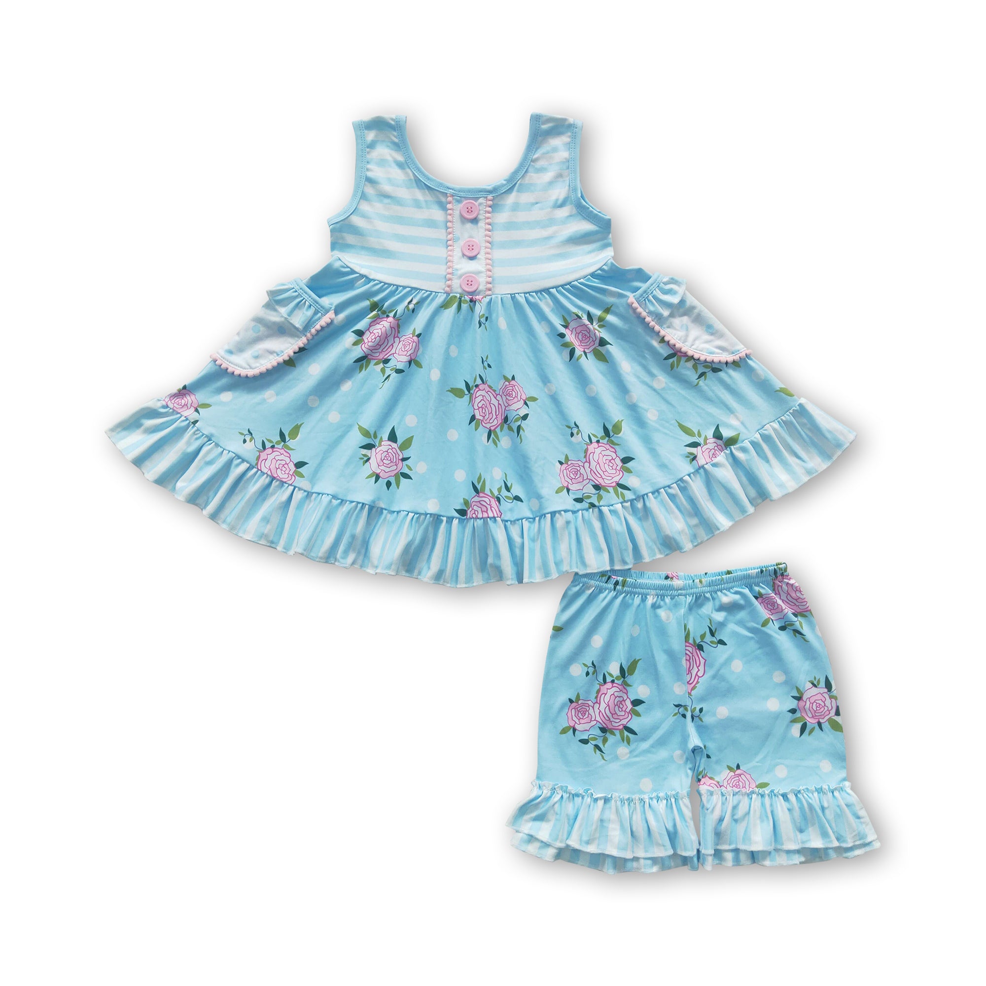 A17-2 girl clothes blue flower stripe sleeveless summer set