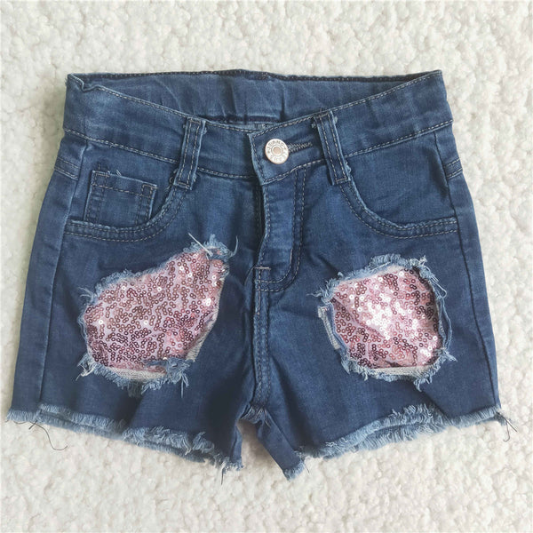 girl clothes summer pink sequin denim shorts
