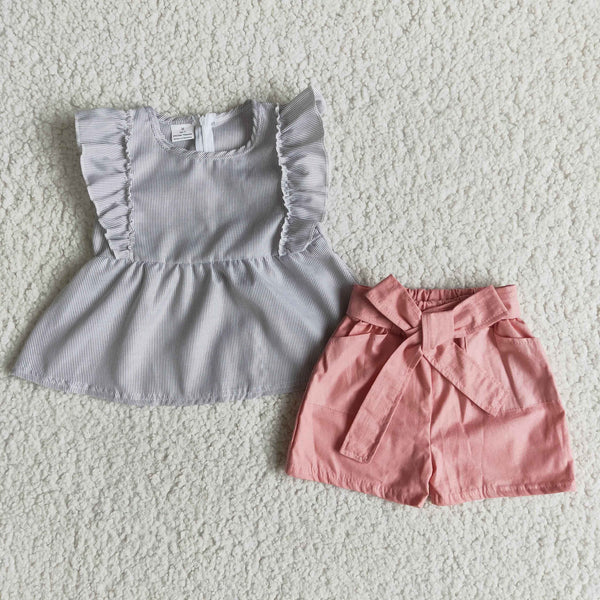D3-1 girl clothes woven stripe zipper summer set
