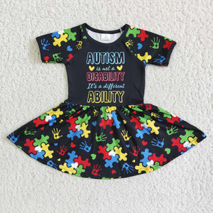 D3-11- girl short sleeve black autism puzzle dress-promotion 2024.3.2 $2.99
