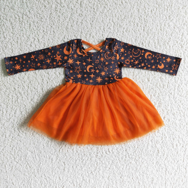GLD0017 girl halloween tulle orange long sleeve dress
