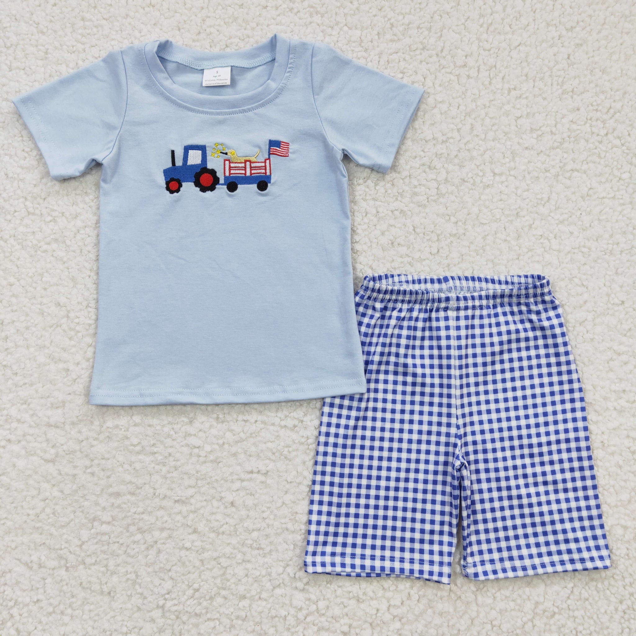 BSSO0195 baby boy clothes blue  4th of july patriotic outfit embroidery flag truck set