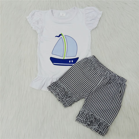 girl summer sailboat emboridery woven shorts set