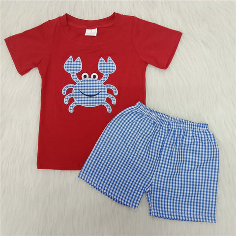 boy summerred crab emboridery woven shorts set