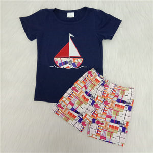 boy summer sailboat emboridery milk silk shorts set