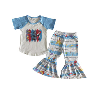 B15-3 kids clothes girls cartoon blue bell bottom set fall spring outfit