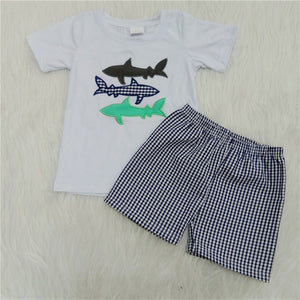 A8-23 toddler boy clothes summer fish emboridery woven shorts set