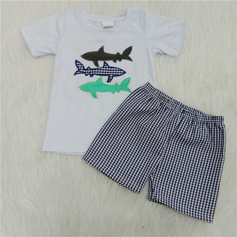 A8-23 toddler boy clothes summer fish emboridery woven shorts set-promotion 2024.3.23 $5.5