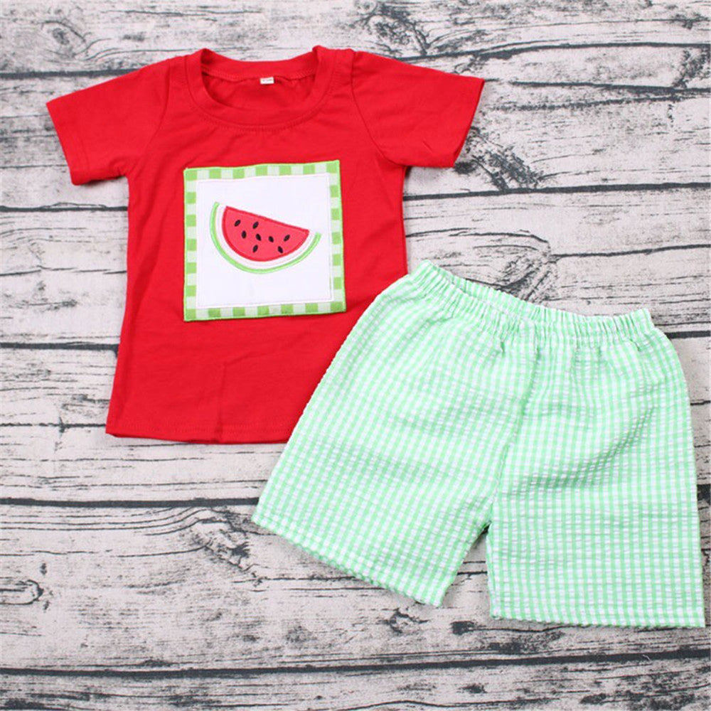 boy watermelon emboridery woven shorts summer set