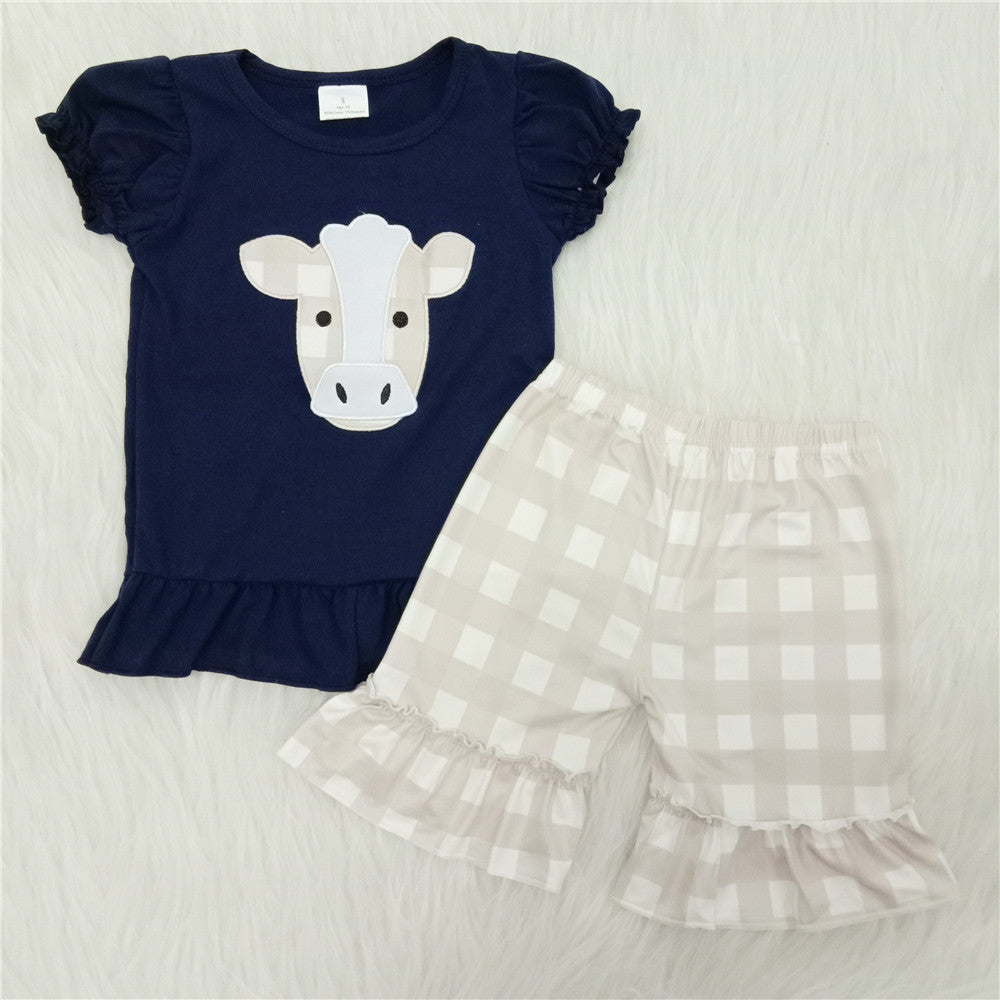 girl summer farm cow emboridery milk silk shorts set