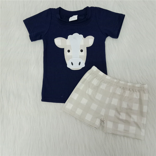 boy summer farm cow emboridery milk silk shorts set