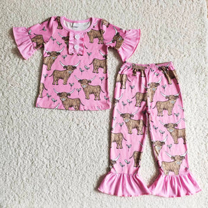B7-25 girl clothes pink farm cow fall spring pajamas set